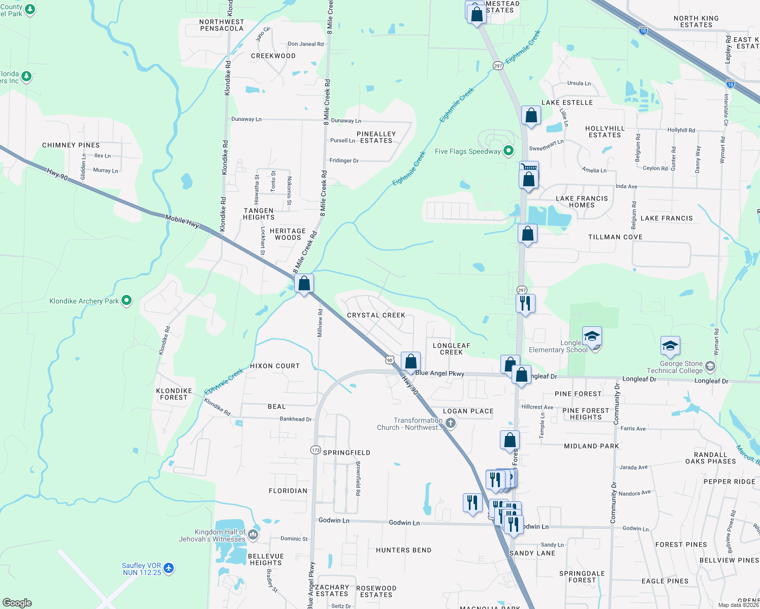 map of restaurants, bars, coffee shops, grocery stores, and more near 7177 Tannehill Drive in Pensacola
