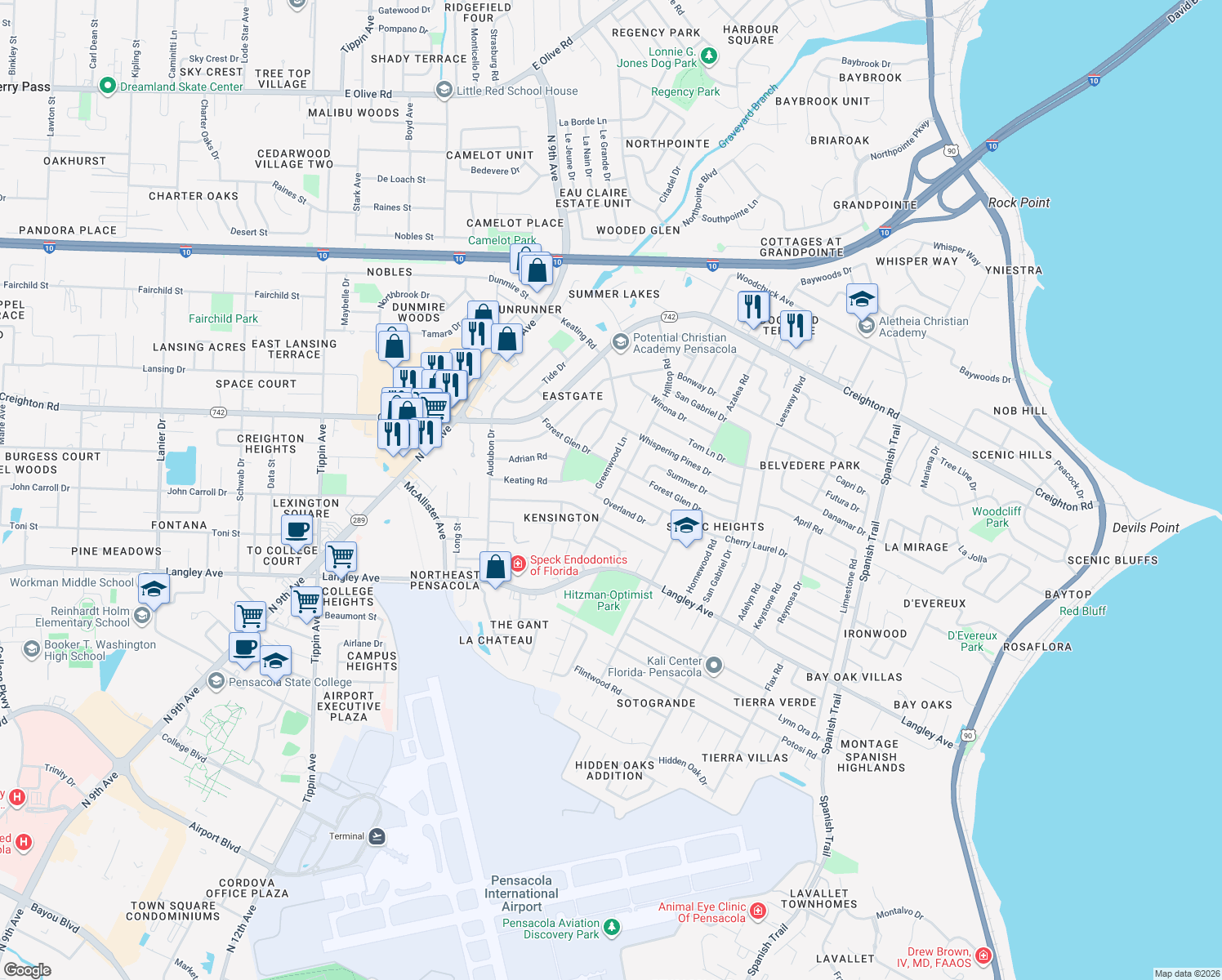 map of restaurants, bars, coffee shops, grocery stores, and more near 5910 Hilltop Road in Pensacola
