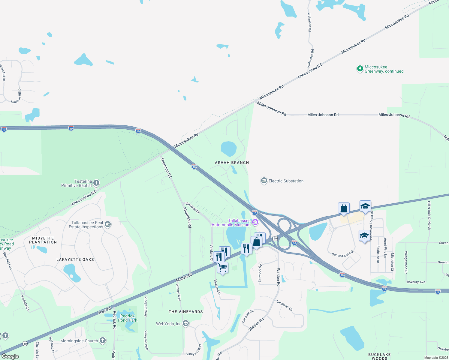 map of restaurants, bars, coffee shops, grocery stores, and more near 1985 Bushy Hall Road in Tallahassee