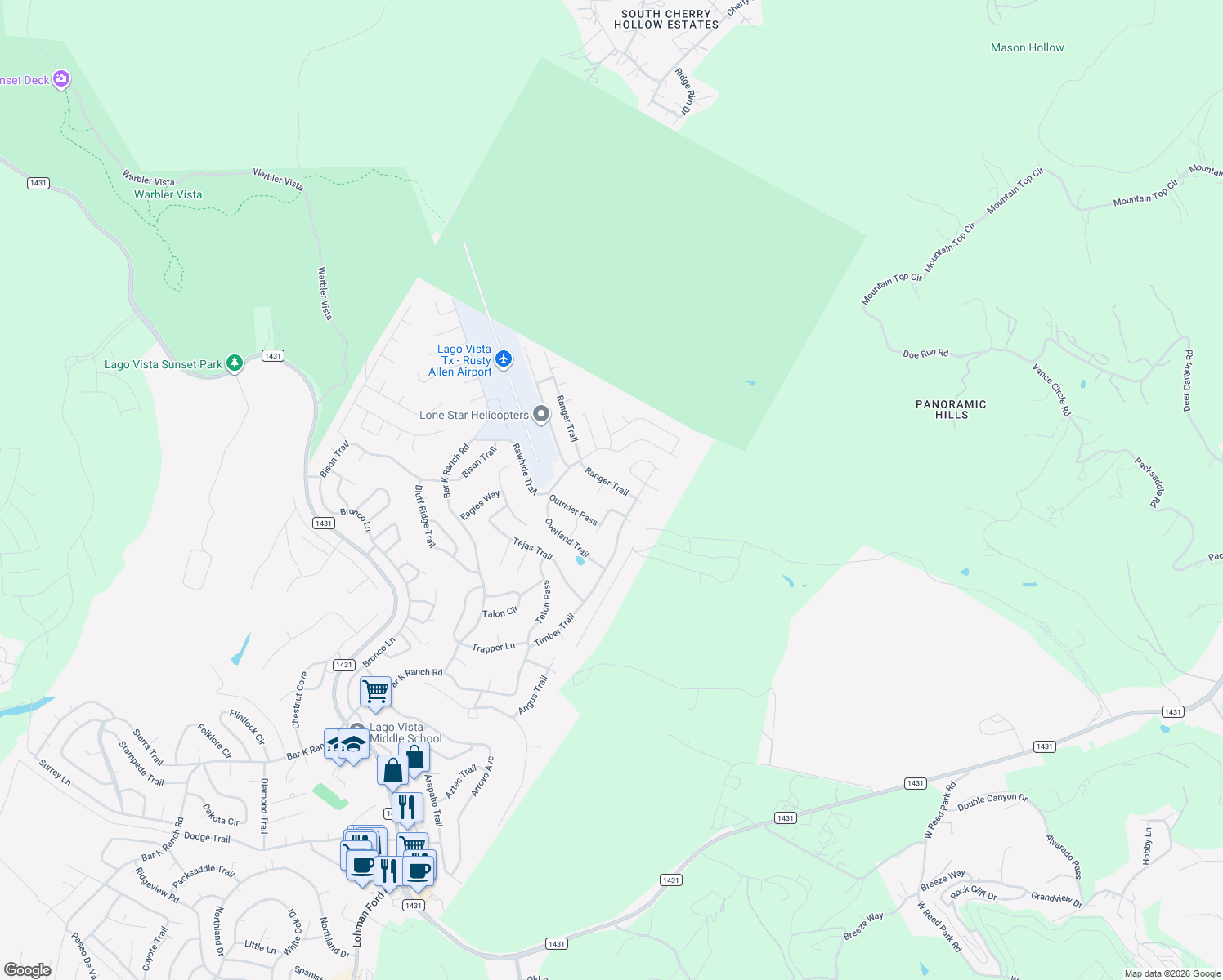 map of restaurants, bars, coffee shops, grocery stores, and more near 20703 Ranger Trail in Leander