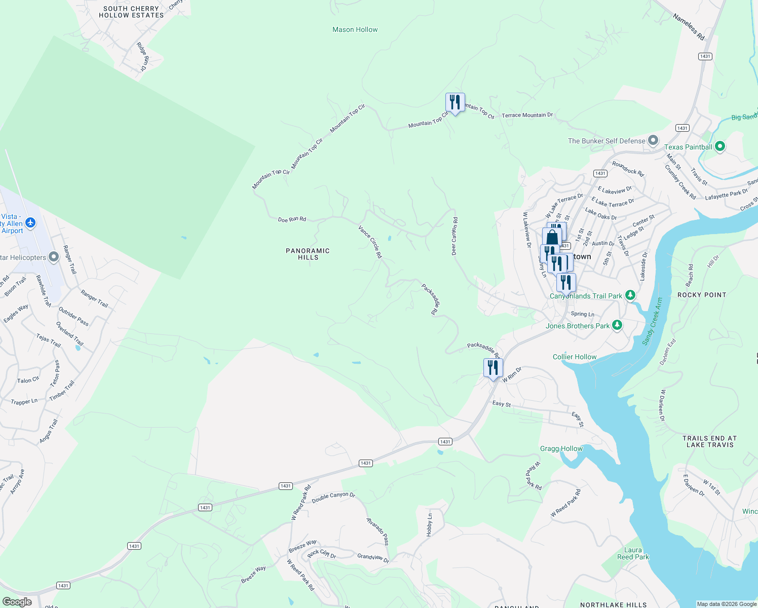 map of restaurants, bars, coffee shops, grocery stores, and more near 10206 Vassar Road in Jonestown
