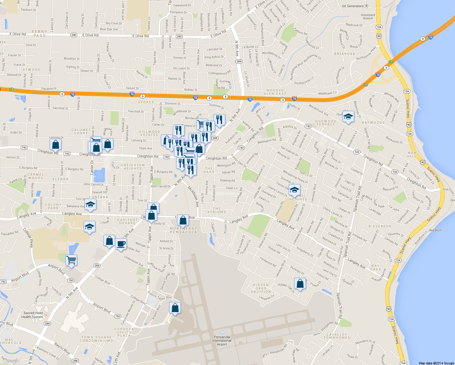 map of restaurants, bars, coffee shops, grocery stores, and more near 3275 Keating Rd in Pensacola
