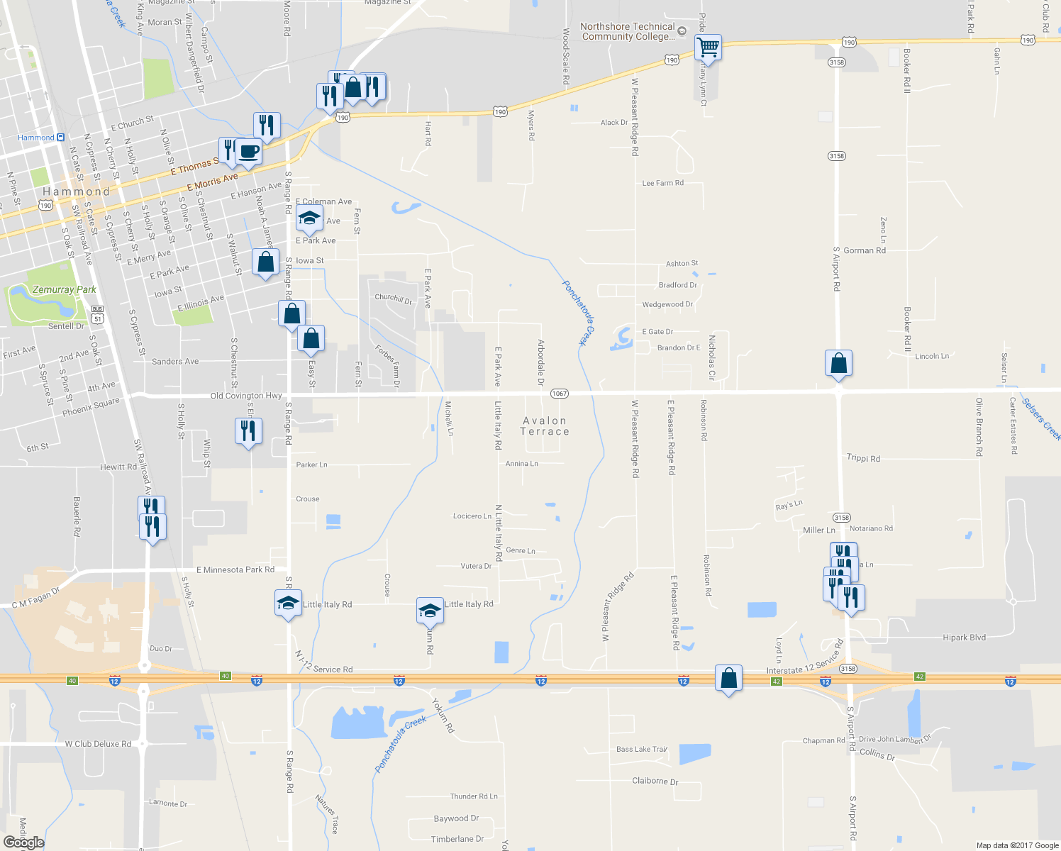 map of restaurants, bars, coffee shops, grocery stores, and more near 17503 Avalon Terrace in Hammond