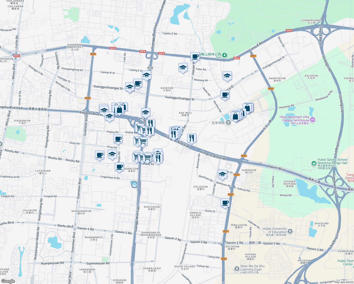 map of restaurants, bars, coffee shops, grocery stores, and more near Jia Yuan Lu in Wu Han Shi