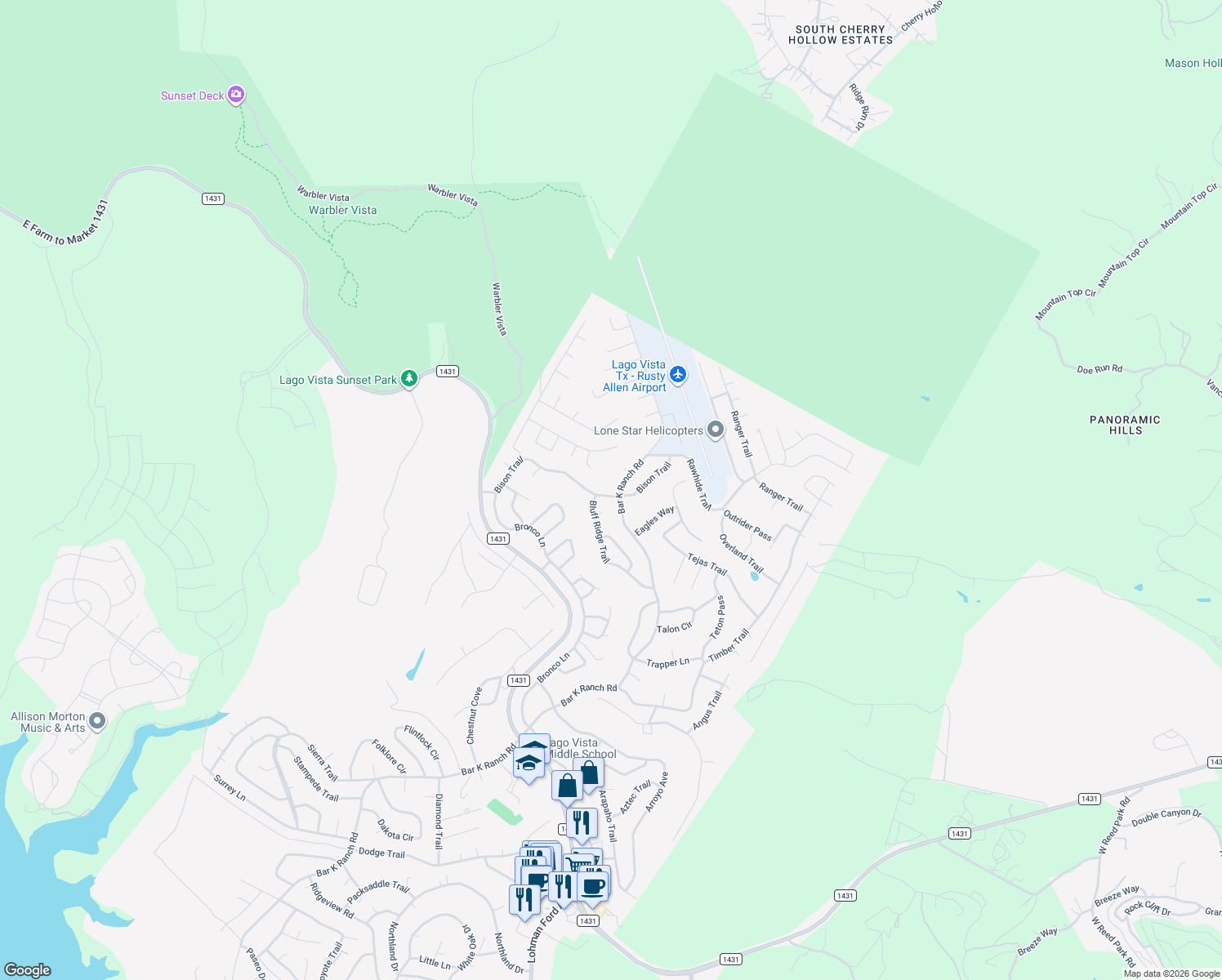 map of restaurants, bars, coffee shops, grocery stores, and more near 8806 Bar K Ranch Road in Leander