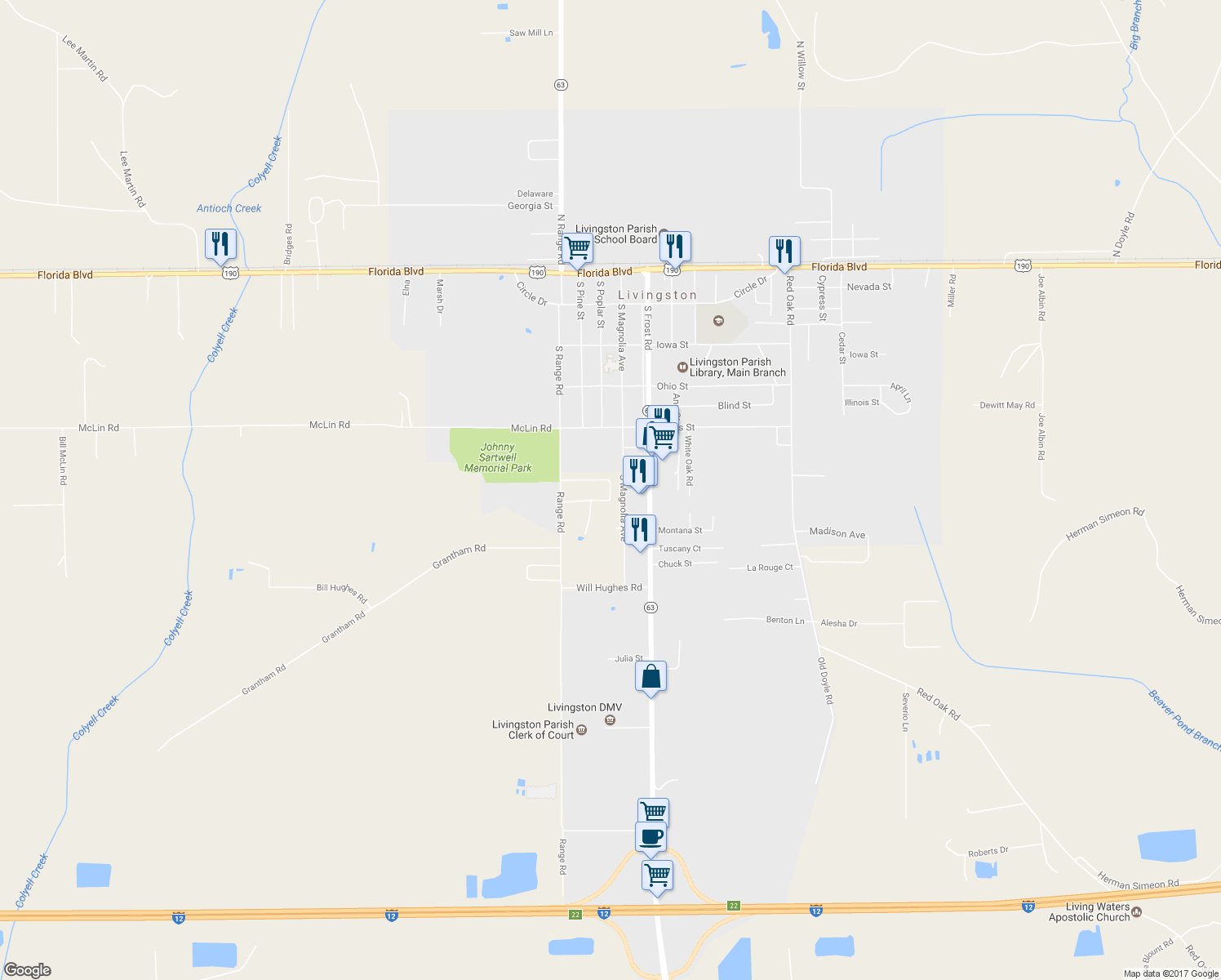map of restaurants, bars, coffee shops, grocery stores, and more near Quezada Drive in Livingston