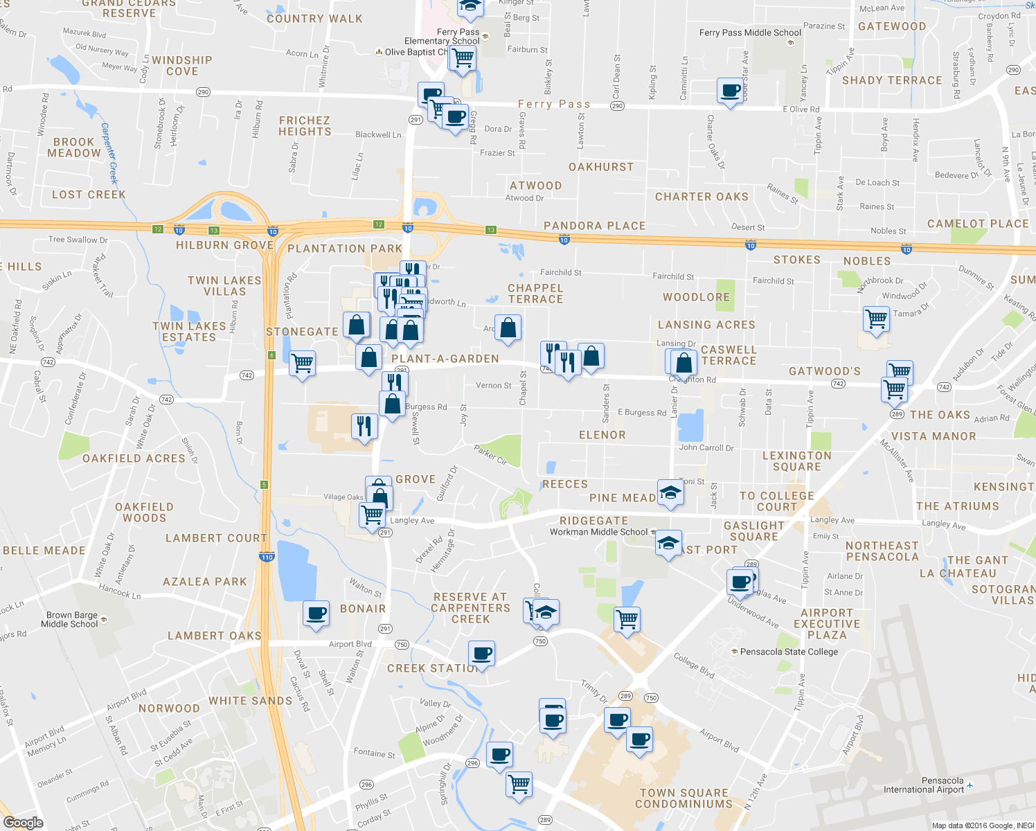 map of restaurants, bars, coffee shops, grocery stores, and more near 1139 East Burgess Road in Pensacola