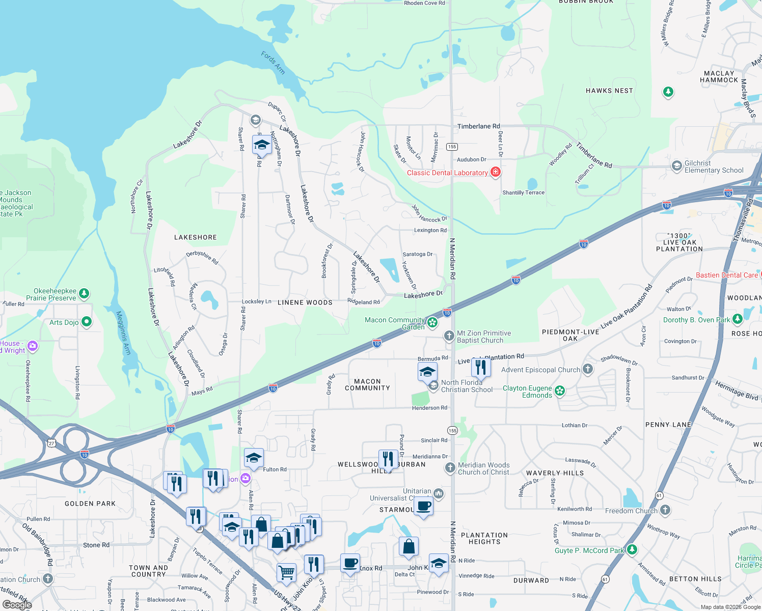 map of restaurants, bars, coffee shops, grocery stores, and more near 105 Ridgeland Road in Tallahassee