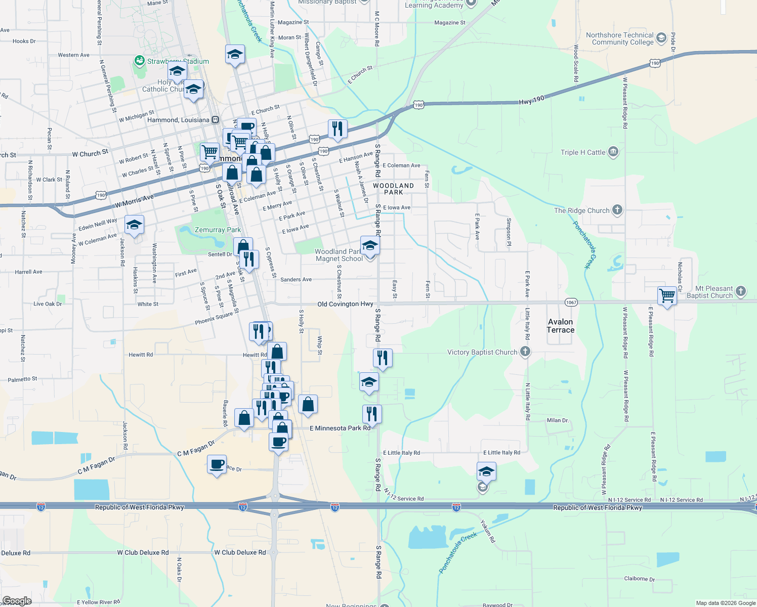 map of restaurants, bars, coffee shops, grocery stores, and more near 1300 South Range Road in Hammond