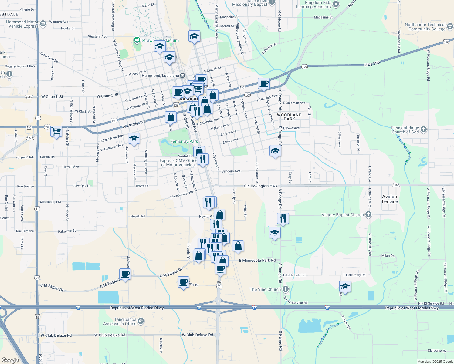 map of restaurants, bars, coffee shops, grocery stores, and more near 112 Aurora Boulevard in Hammond