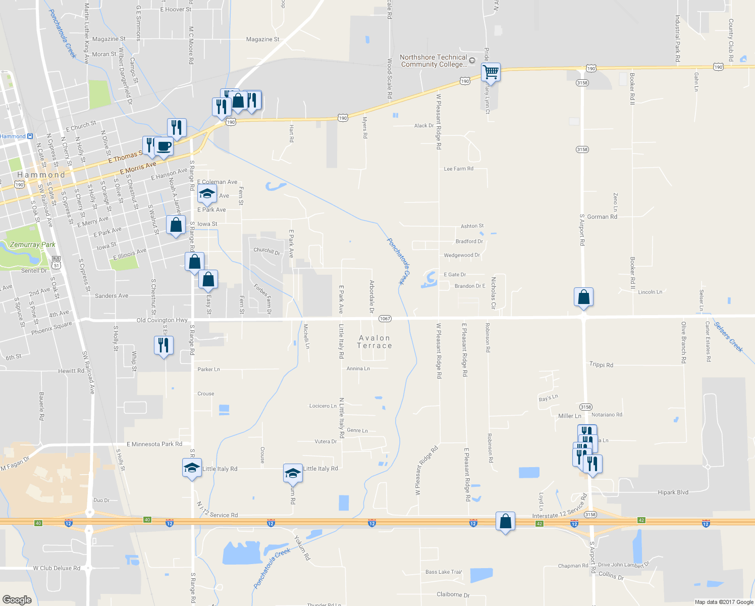 map of restaurants, bars, coffee shops, grocery stores, and more near 44040 Arbordale Drive in Hammond