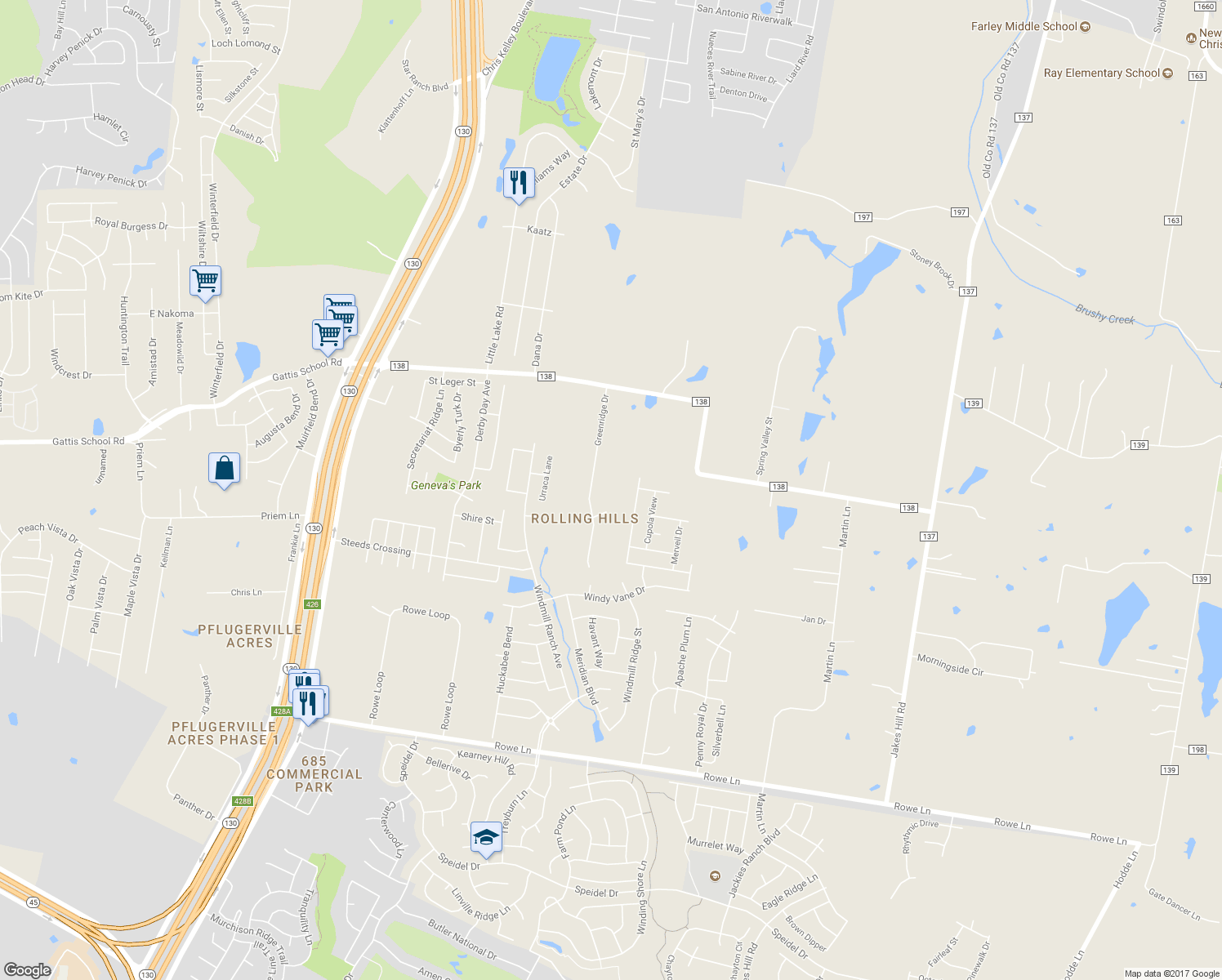 map of restaurants, bars, coffee shops, grocery stores, and more near 21311 Greenridge Drive in Hutto