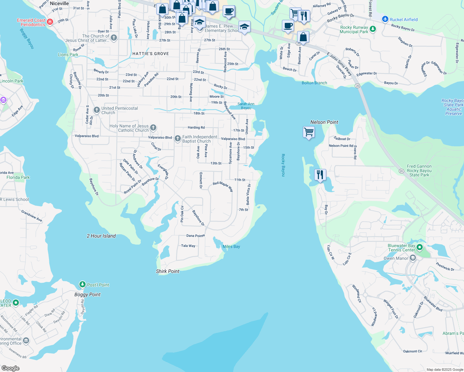 map of restaurants, bars, coffee shops, grocery stores, and more near 900 Mahogany Court in Niceville