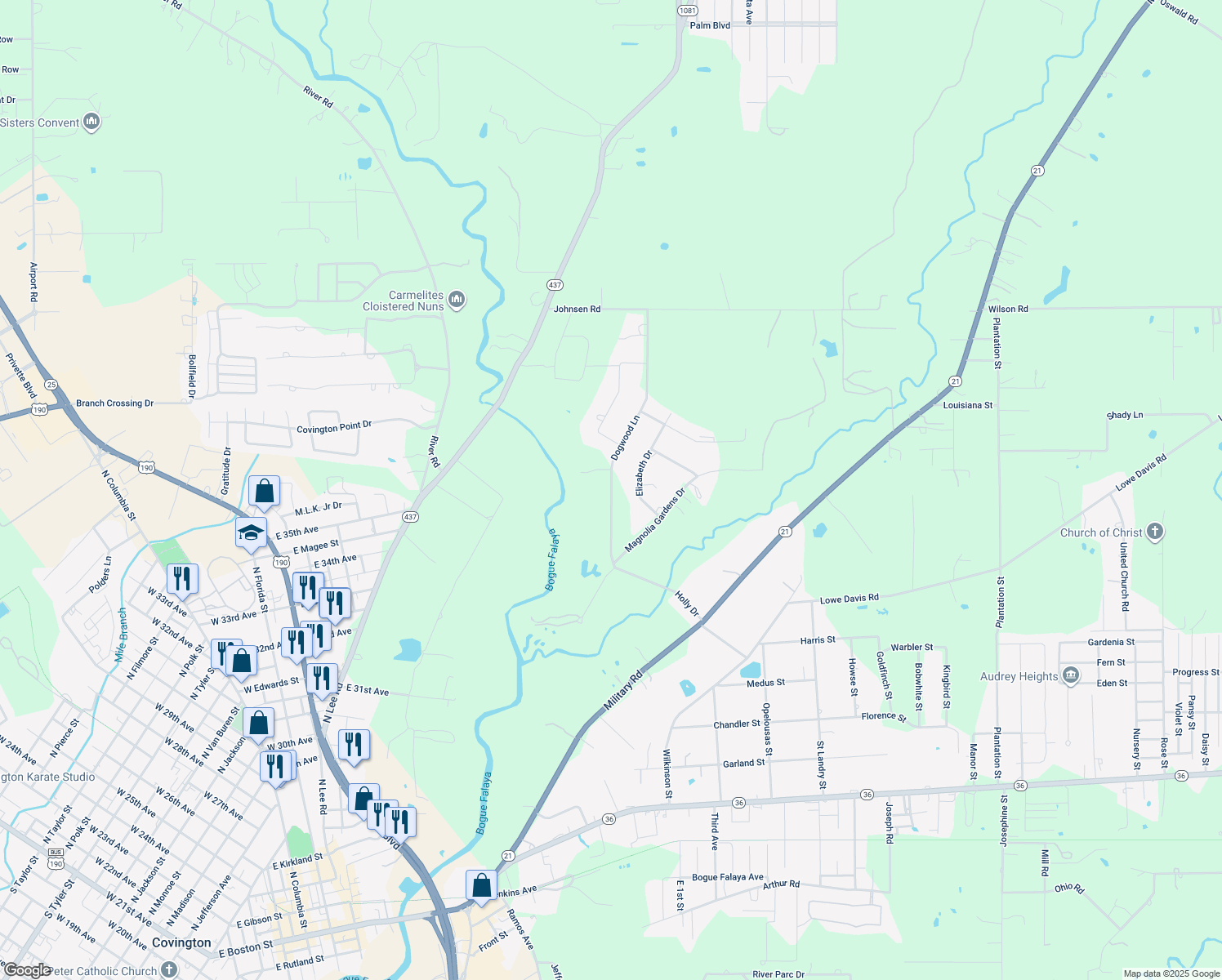 map of restaurants, bars, coffee shops, grocery stores, and more near 57 Dogwood Ln in Covington