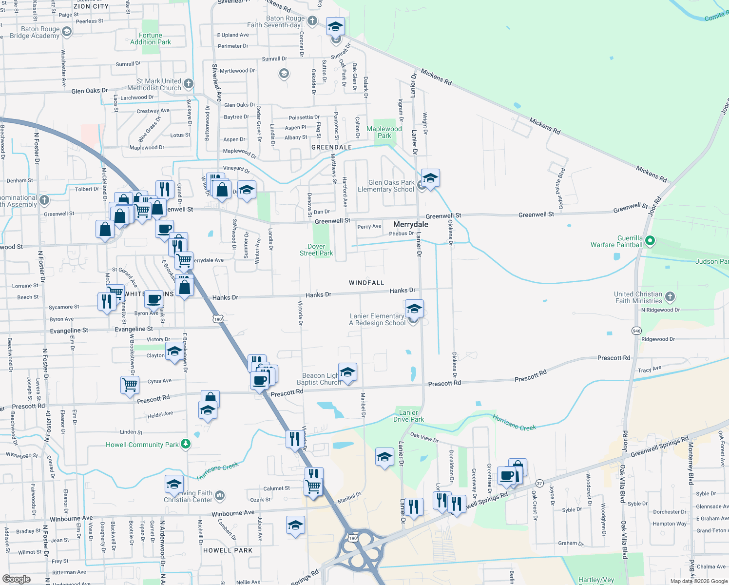 map of restaurants, bars, coffee shops, grocery stores, and more near 7655 Hanks Drive in Baton Rouge
