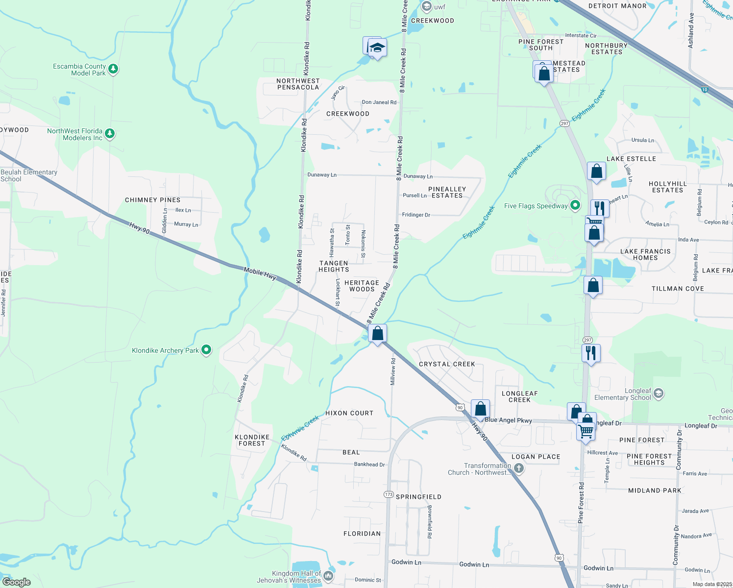 map of restaurants, bars, coffee shops, grocery stores, and more near 7002 Plank Drive in Pensacola