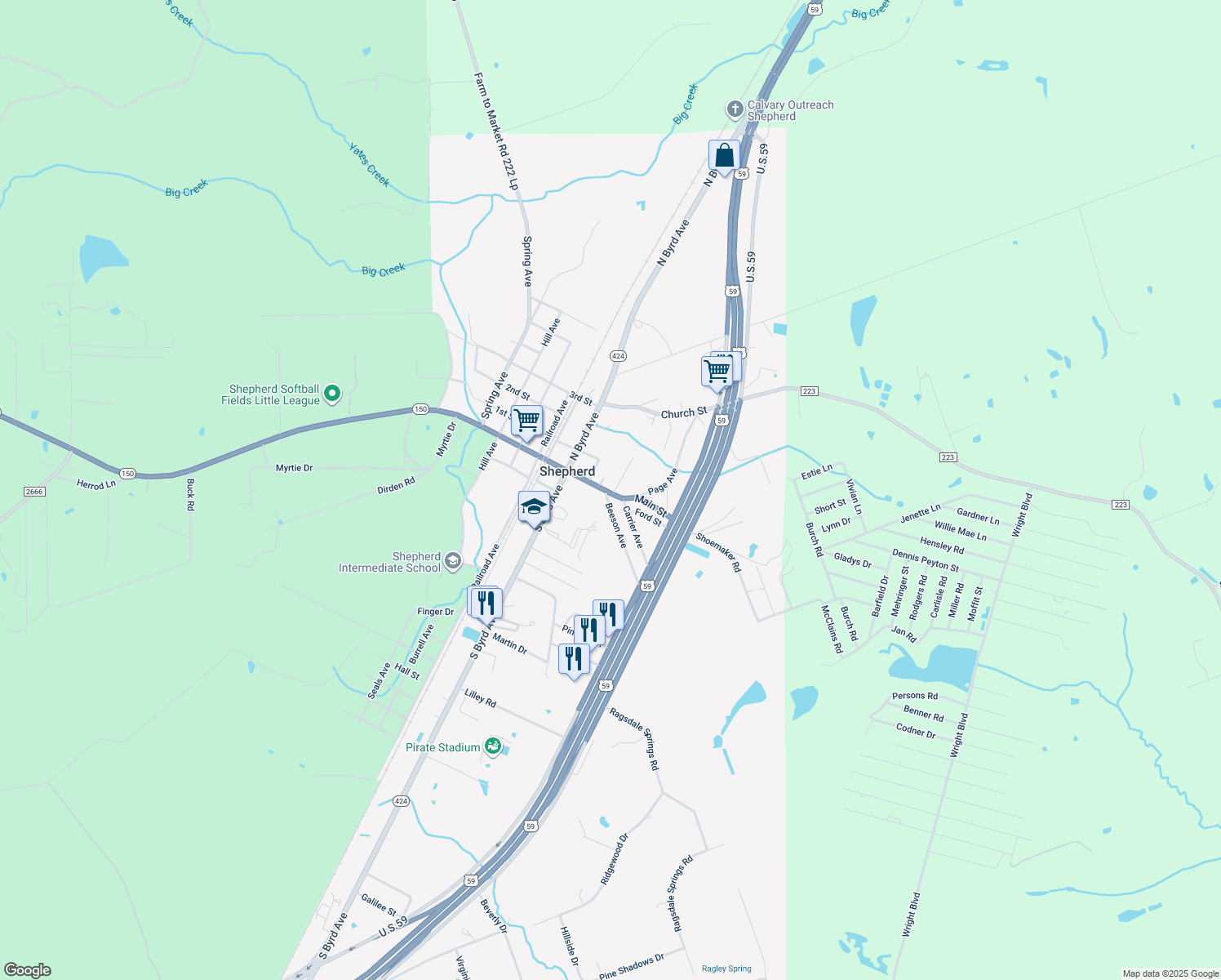 map of restaurants, bars, coffee shops, grocery stores, and more near 91 McKellar Street in Shepherd