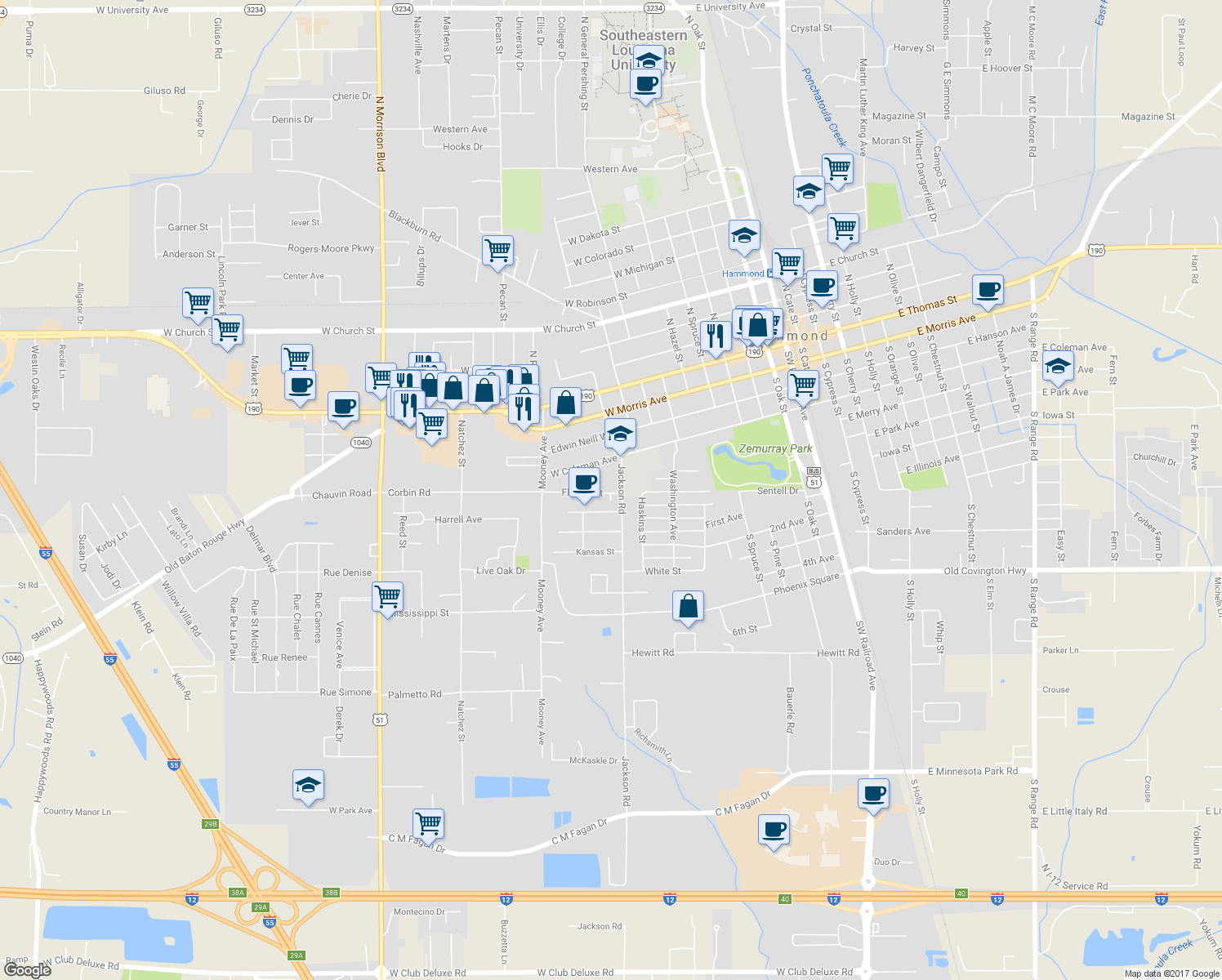 map of restaurants, bars, coffee shops, grocery stores, and more near 112 Florida Street in Hammond