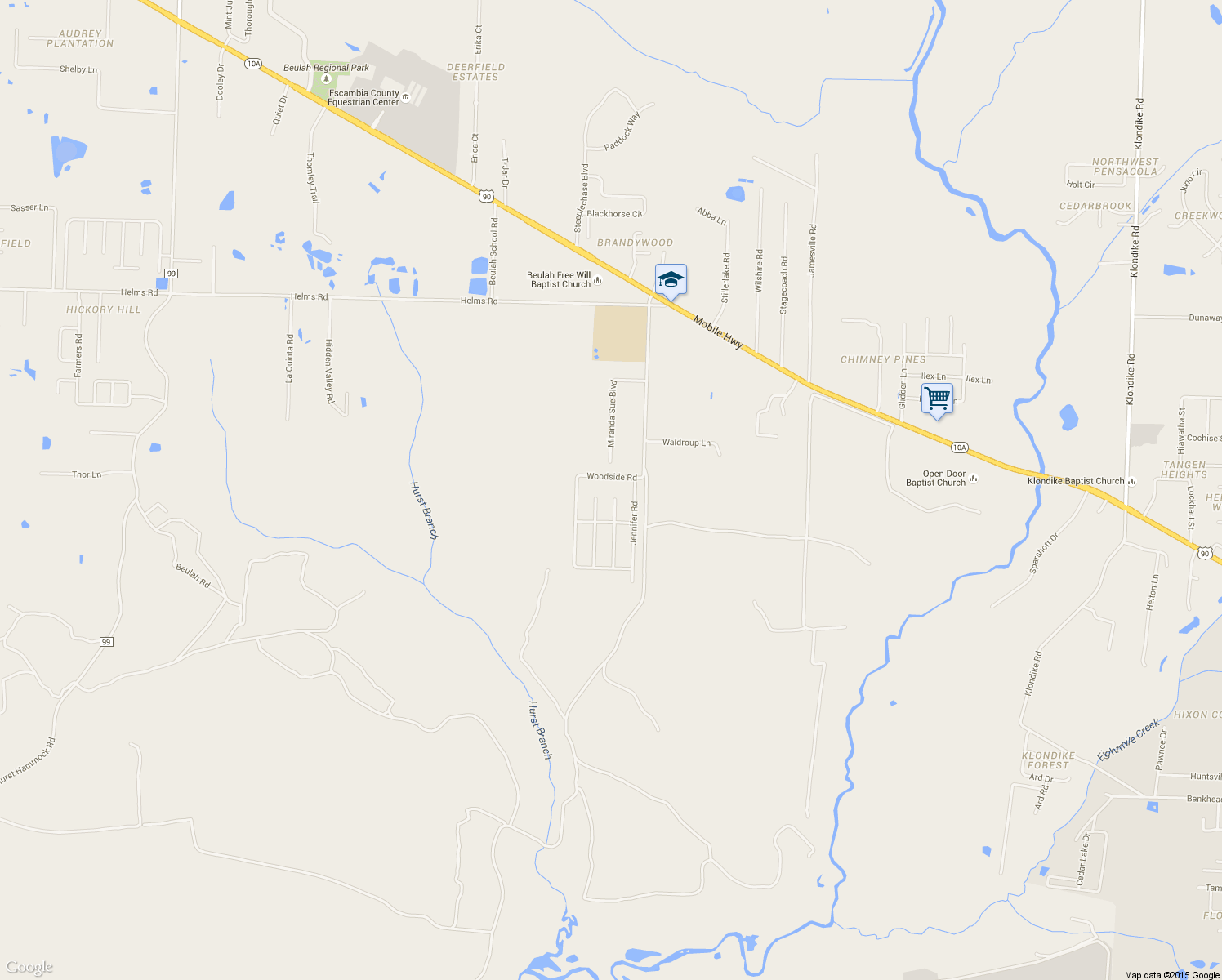 map of restaurants, bars, coffee shops, grocery stores, and more near 7155 Clearwood Road in Pensacola