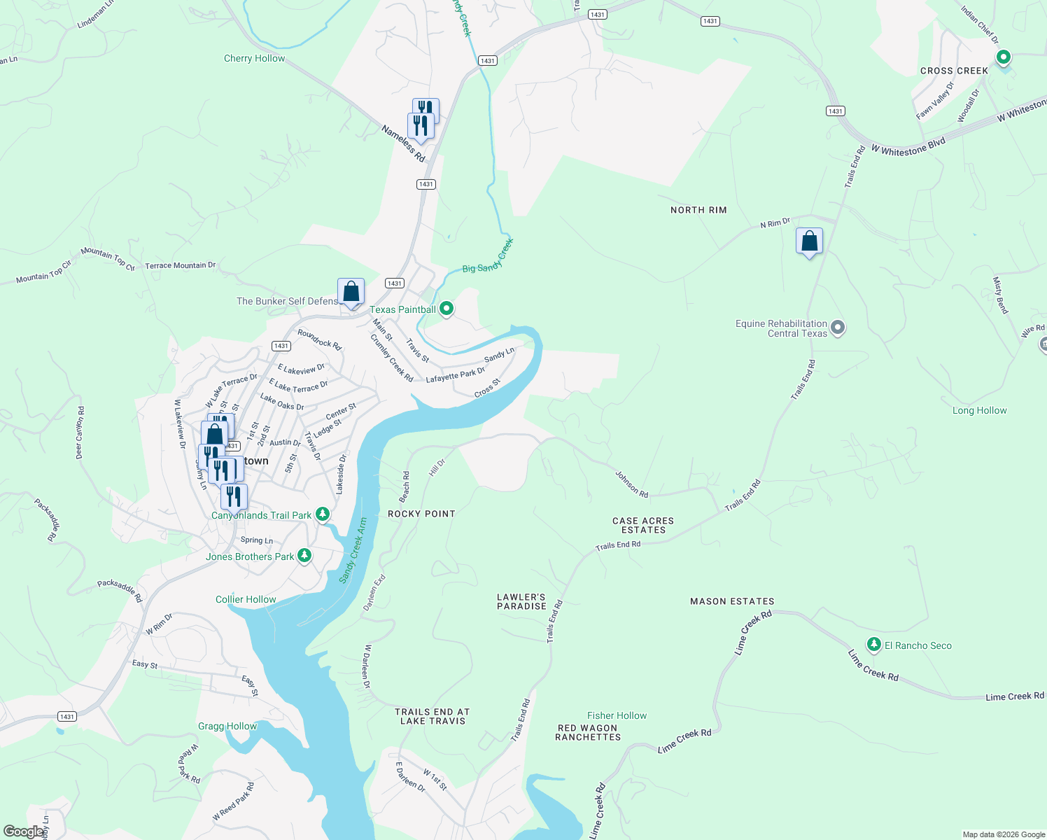 map of restaurants, bars, coffee shops, grocery stores, and more near 11418 Hill Drive in Leander
