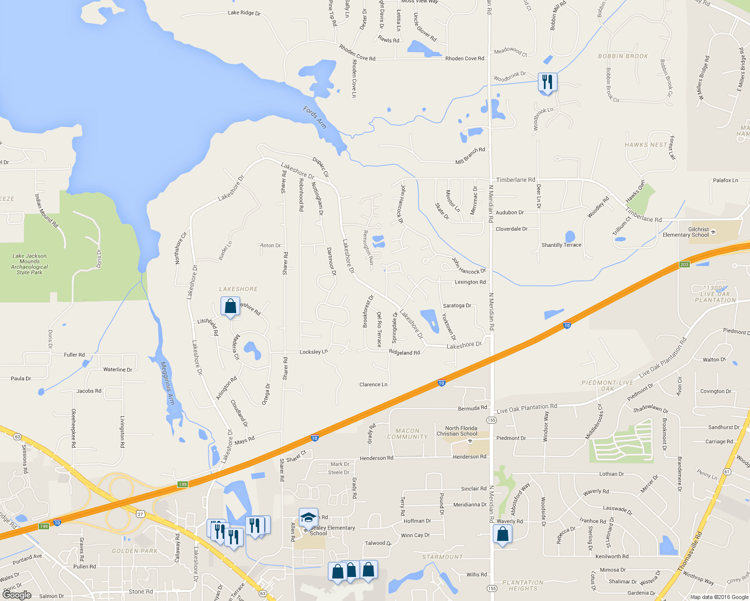 map of restaurants, bars, coffee shops, grocery stores, and more near 3225 East Lakeshore Drive in Tallahassee