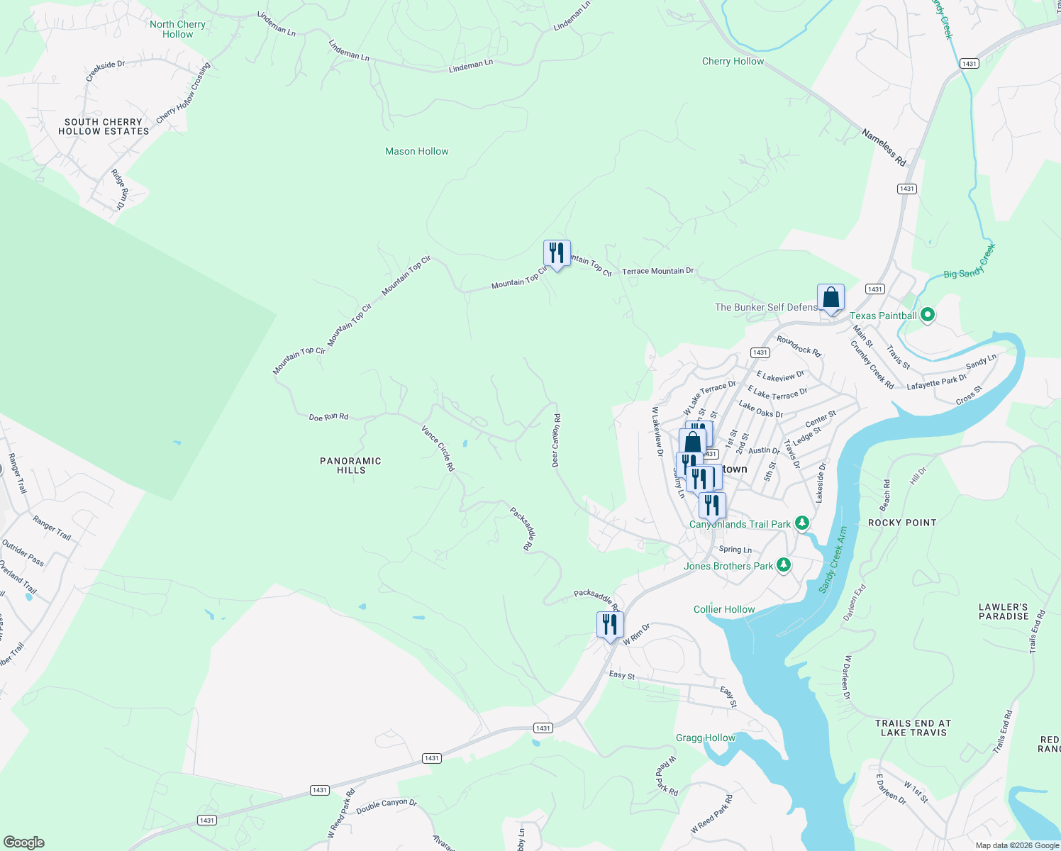 map of restaurants, bars, coffee shops, grocery stores, and more near 10723 Deer Canyon Road in Leander
