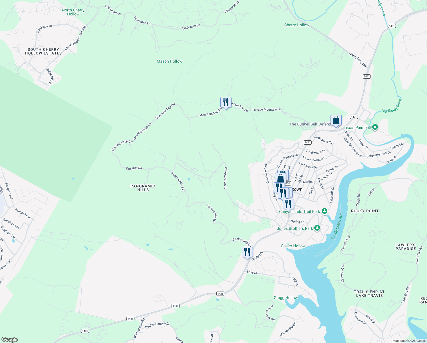 map of restaurants, bars, coffee shops, grocery stores, and more near 10723 Deer Canyon Road in Leander