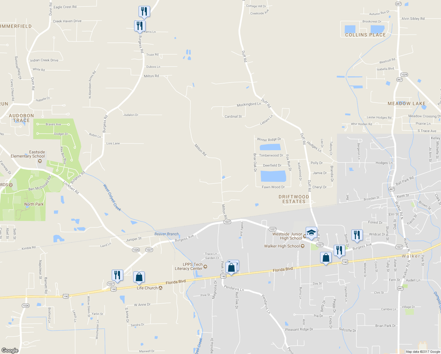 map of restaurants, bars, coffee shops, grocery stores, and more near 30335 Milton Road in Walker