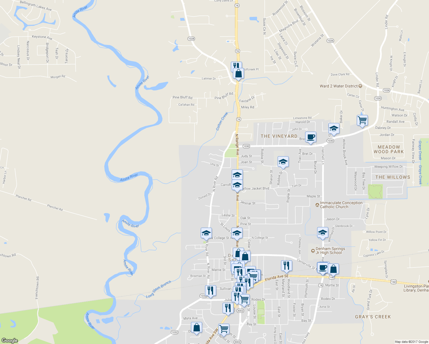 map of restaurants, bars, coffee shops, grocery stores, and more near 1101 North River Road in Denham Springs