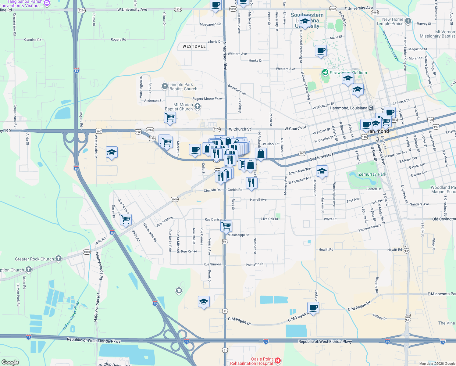 map of restaurants, bars, coffee shops, grocery stores, and more near 345 S Morrison Blvd in Hammond