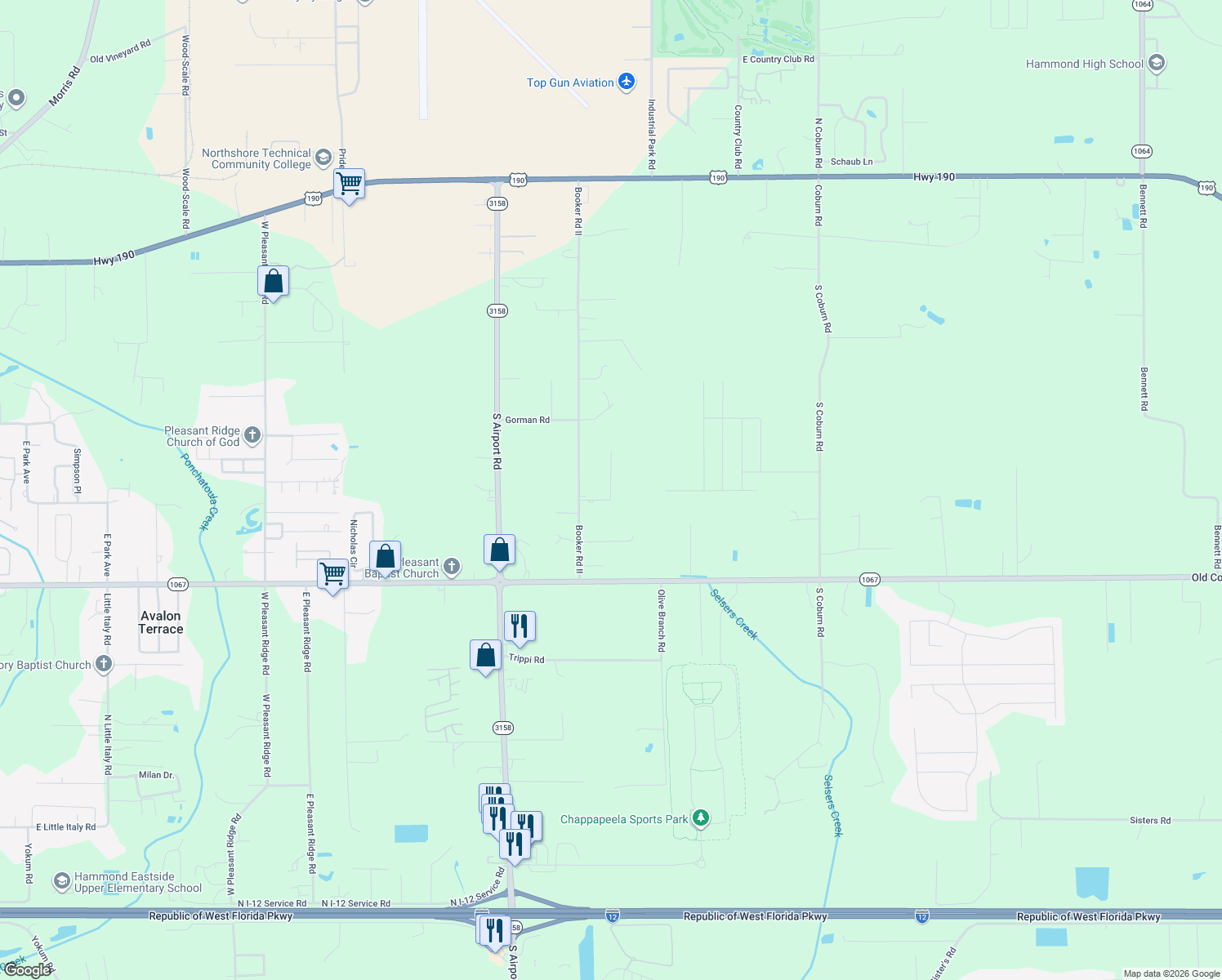 map of restaurants, bars, coffee shops, grocery stores, and more near 19228 Frank Harris Road in Hammond
