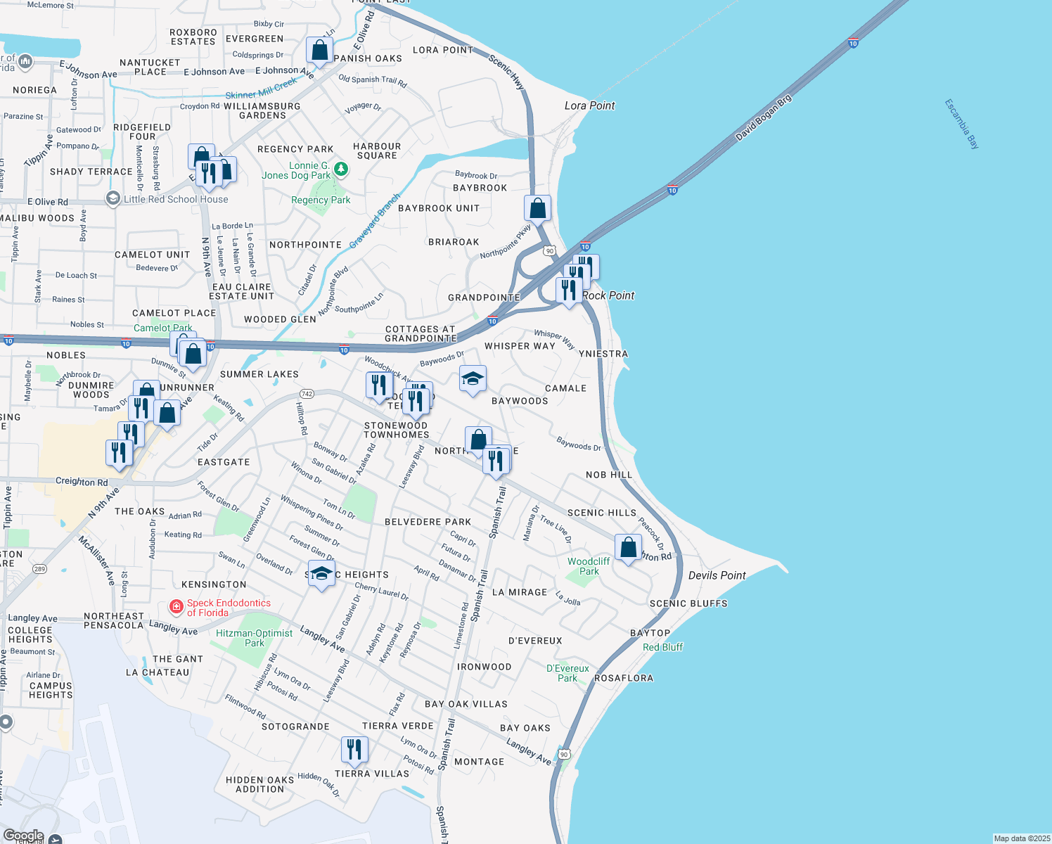 map of restaurants, bars, coffee shops, grocery stores, and more near 4555 Baywoods Court in Pensacola