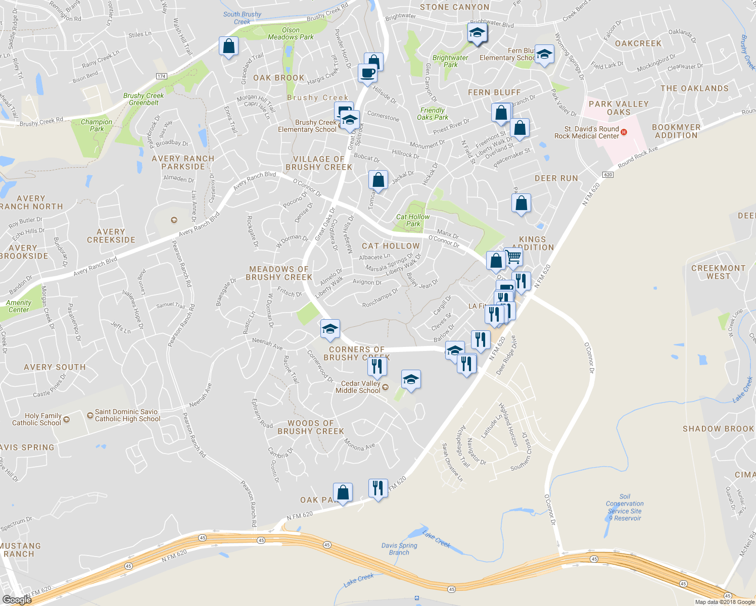 map of restaurants, bars, coffee shops, grocery stores, and more near 6024 Ron Champs Drive in Round Rock