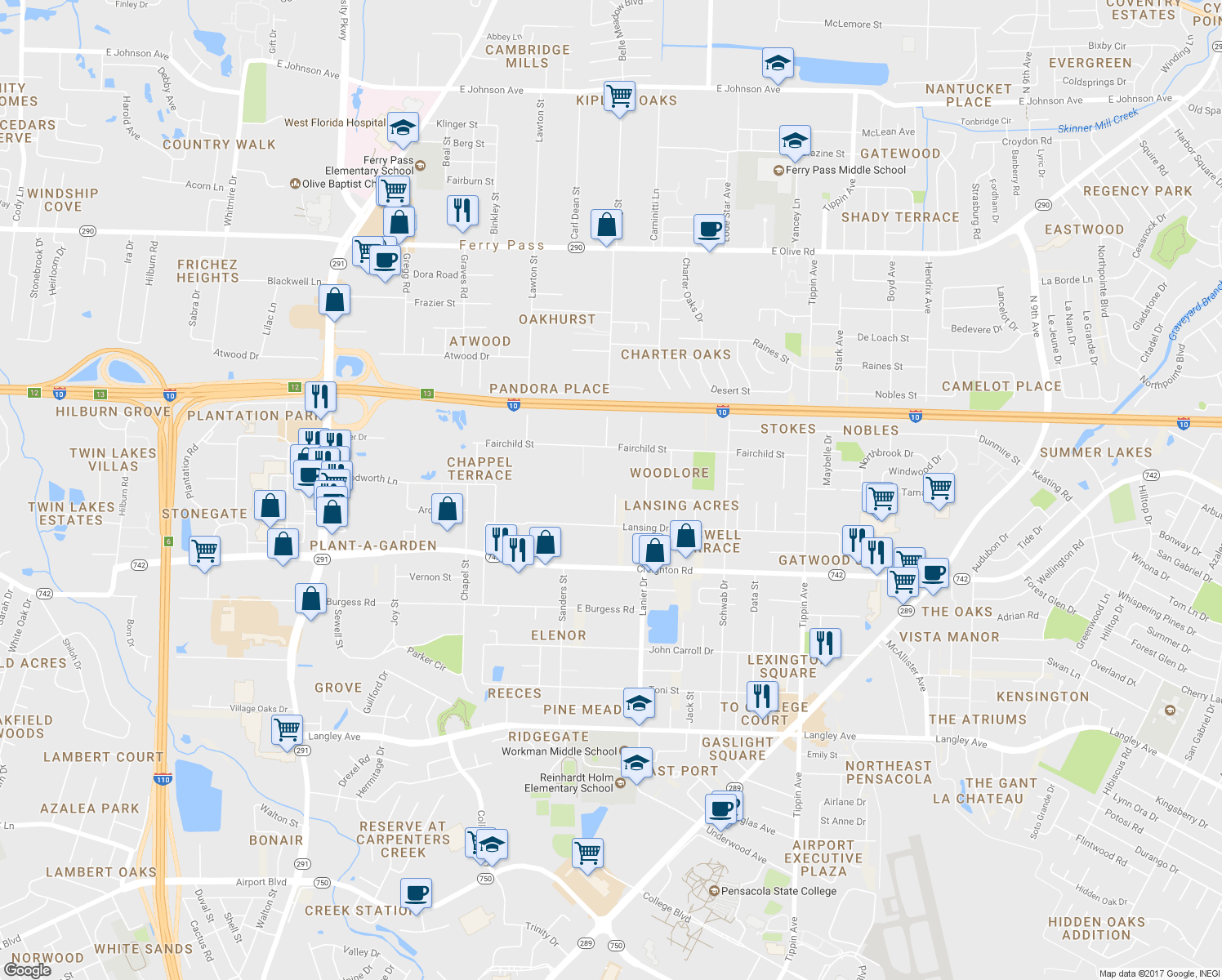 map of restaurants, bars, coffee shops, grocery stores, and more near 7119 Calumet Court in Pensacola