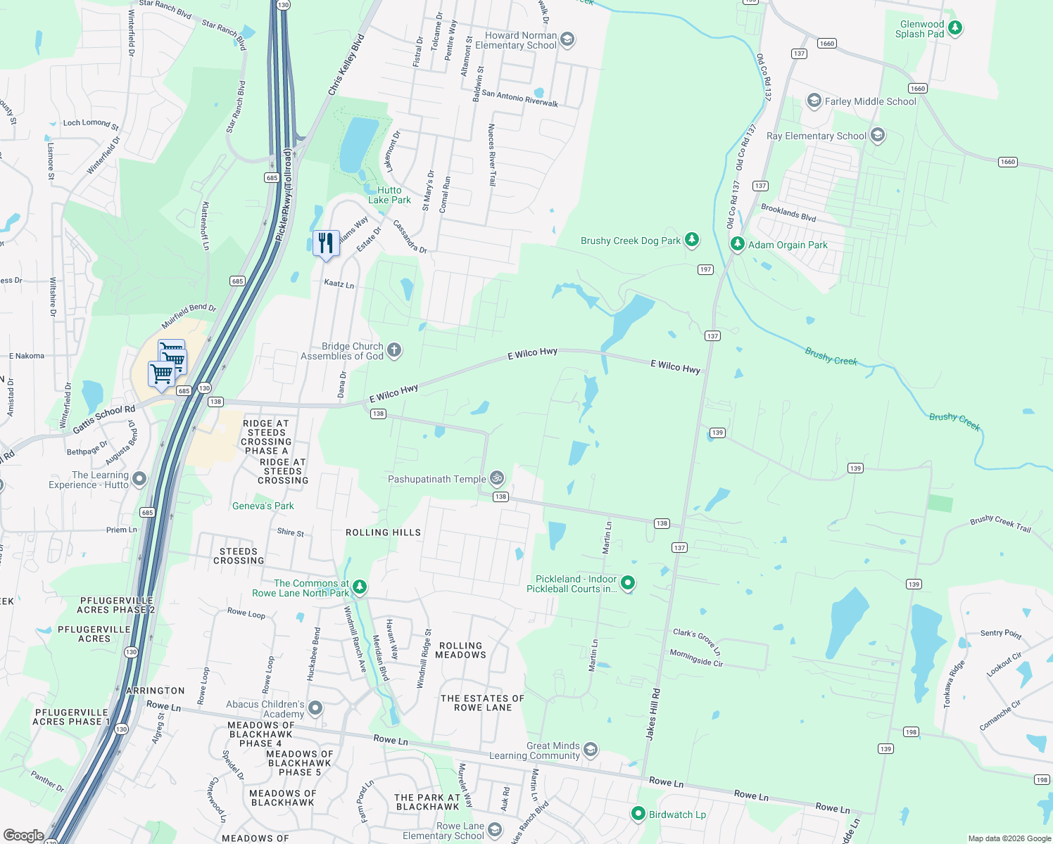 map of restaurants, bars, coffee shops, grocery stores, and more near 333 Spring Valley Street in Hutto