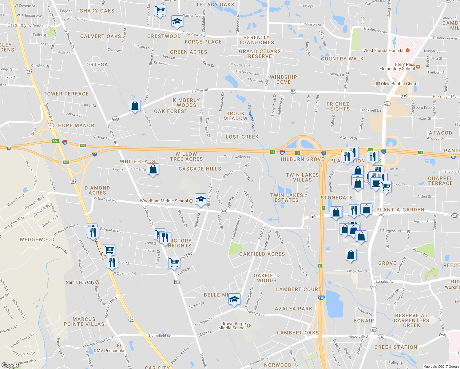 map of restaurants, bars, coffee shops, grocery stores, and more near 136 Redbreast Lane in Pensacola
