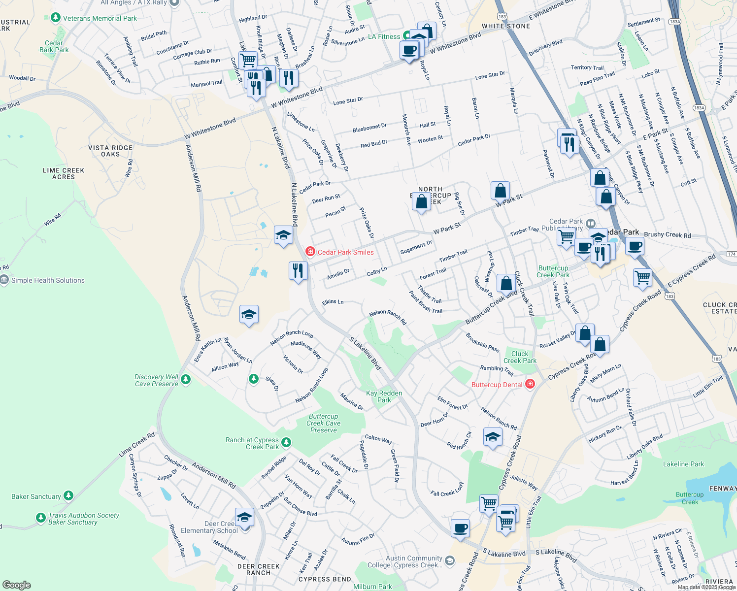 map of restaurants, bars, coffee shops, grocery stores, and more near 302 Jeffrey Dr in Cedar Park