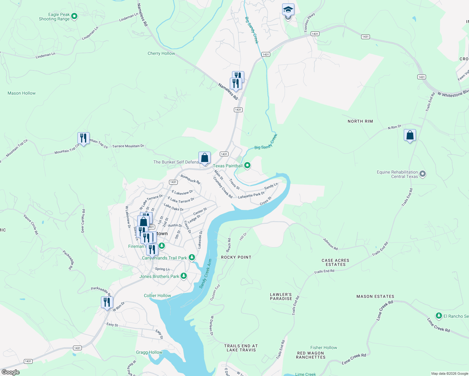 map of restaurants, bars, coffee shops, grocery stores, and more near 11514 Travis Street in Jonestown