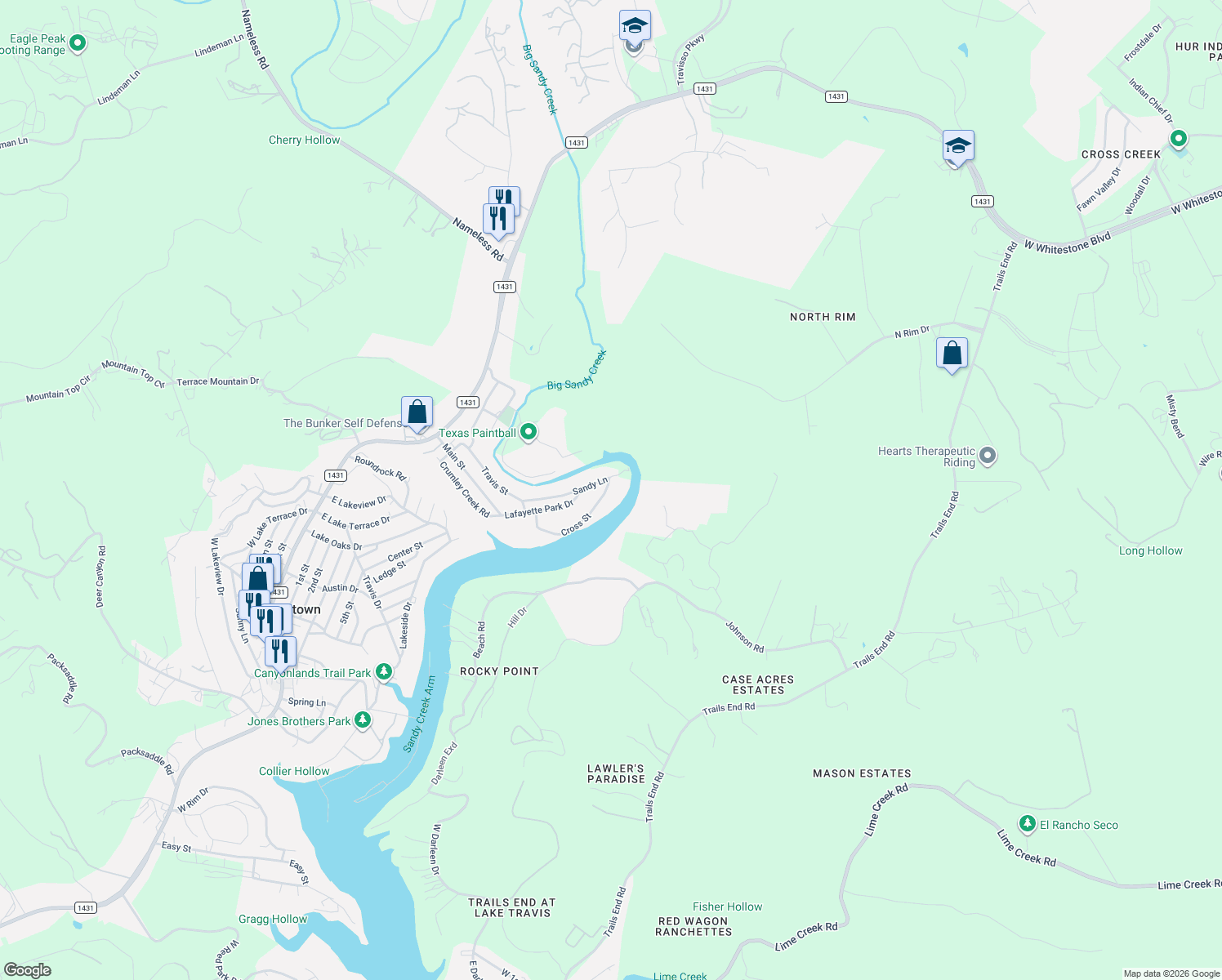 map of restaurants, bars, coffee shops, grocery stores, and more near 17705 Cross Street in Jonestown