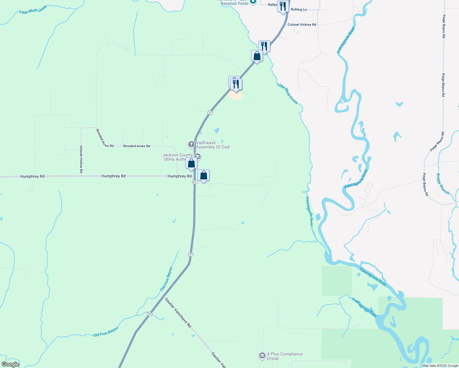 map of restaurants, bars, coffee shops, grocery stores, and more near C L Dees Drive Central in Vancleave