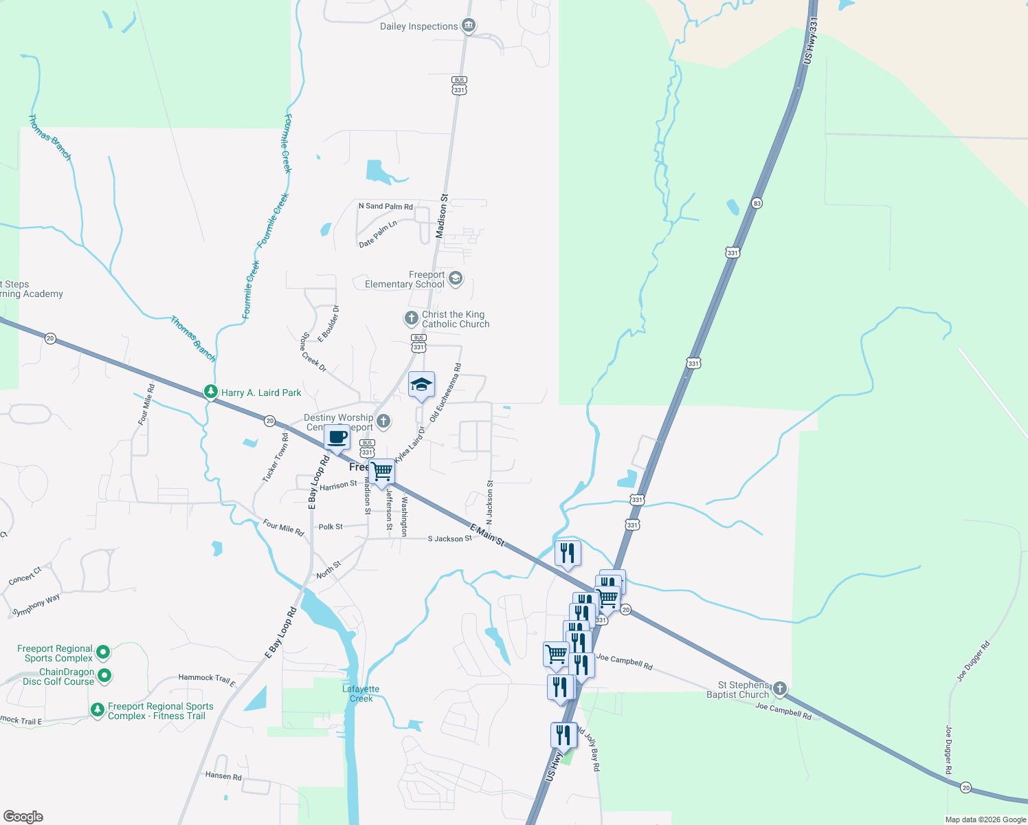 map of restaurants, bars, coffee shops, grocery stores, and more near 446 North Jackson Street in Freeport