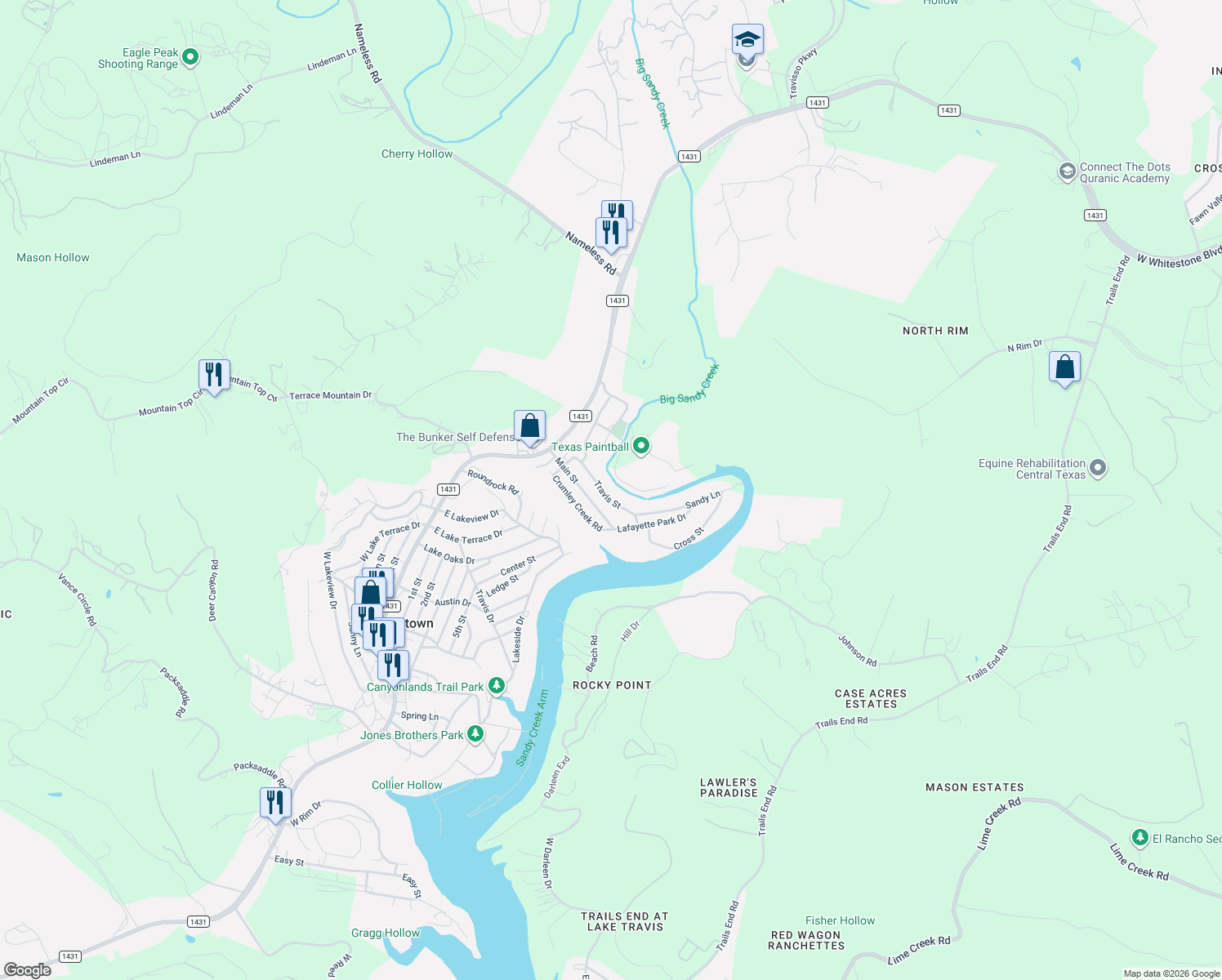 map of restaurants, bars, coffee shops, grocery stores, and more near 11514 Travis Street in Jonestown