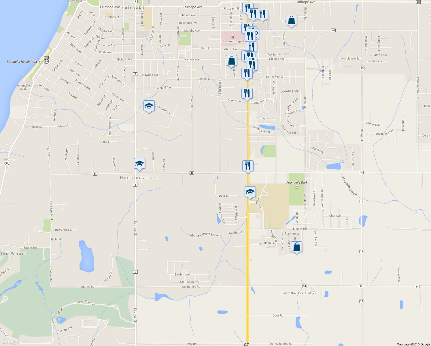 map of restaurants, bars, coffee shops, grocery stores, and more near 7684 Twin Beech Road in Fairhope