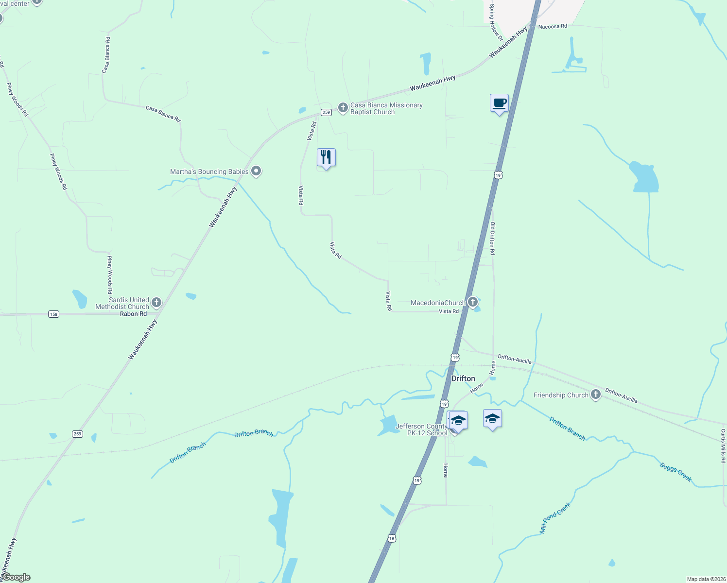 map of restaurants, bars, coffee shops, grocery stores, and more near 621 Vista Road in Monticello