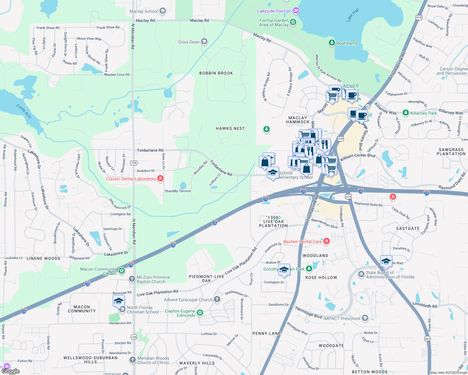 map of restaurants, bars, coffee shops, grocery stores, and more near 3545 Trillium Court in Tallahassee