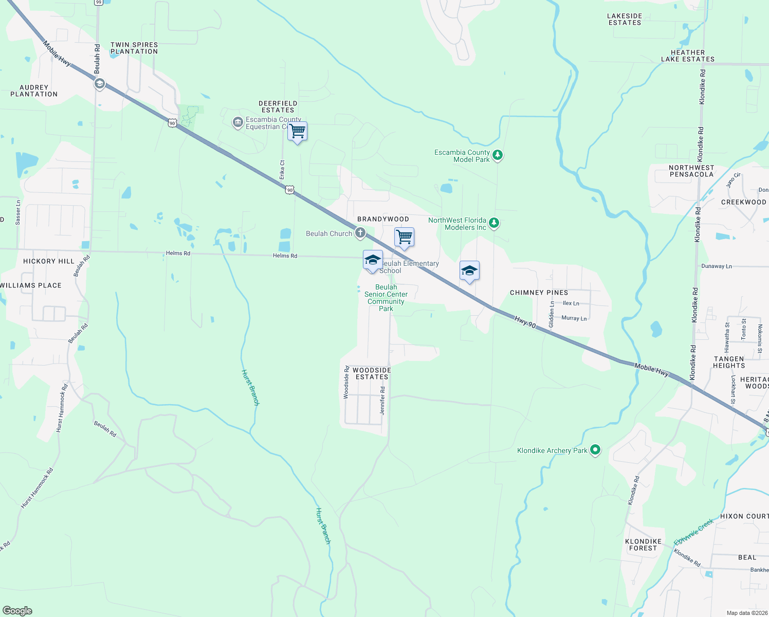 map of restaurants, bars, coffee shops, grocery stores, and more near 7411 Woodside Road in Pensacola