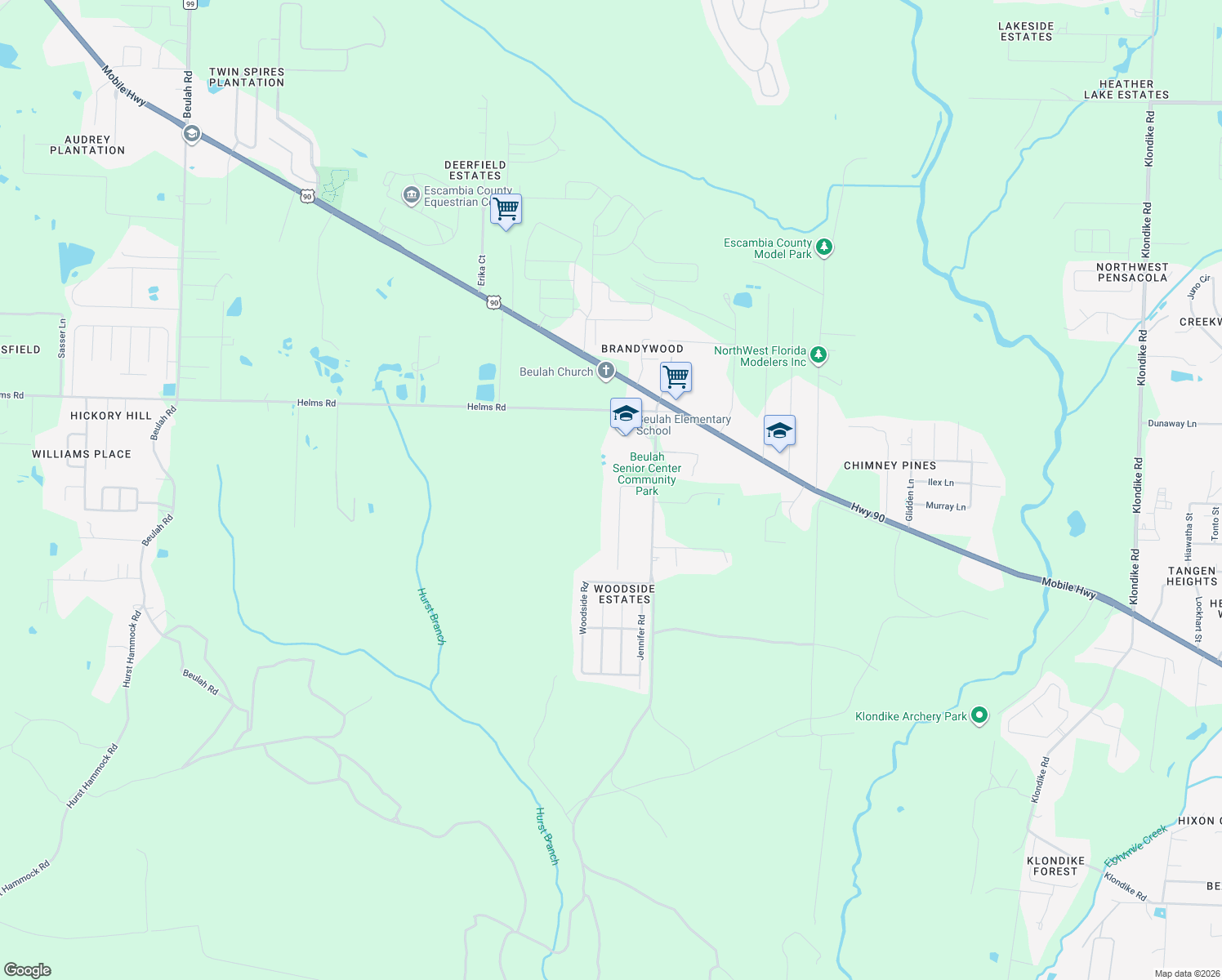 map of restaurants, bars, coffee shops, grocery stores, and more near 7435 Miranda Sue Boulevard in Pensacola