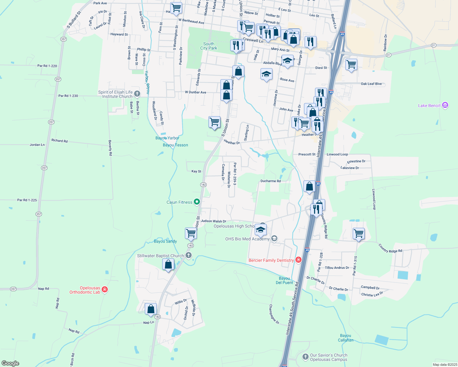map of restaurants, bars, coffee shops, grocery stores, and more near Wisteria Drive in Opelousas
