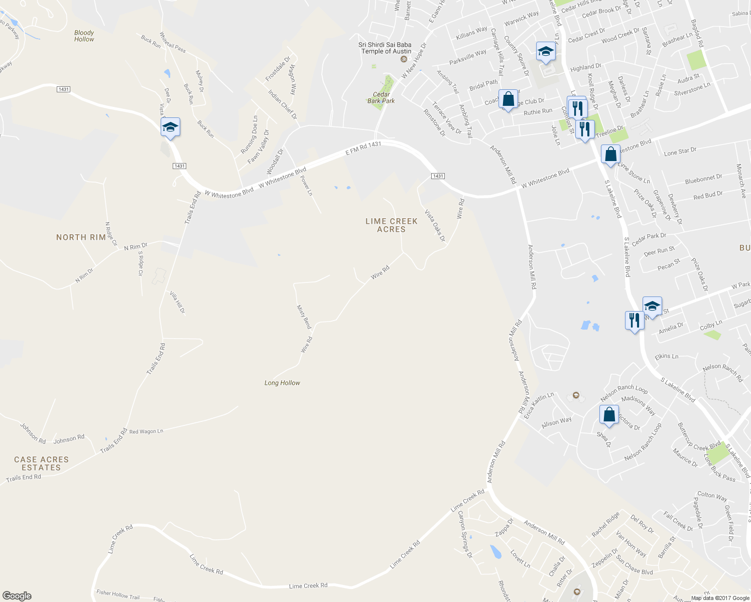 map of restaurants, bars, coffee shops, grocery stores, and more near 13017 Wire Road in Leander