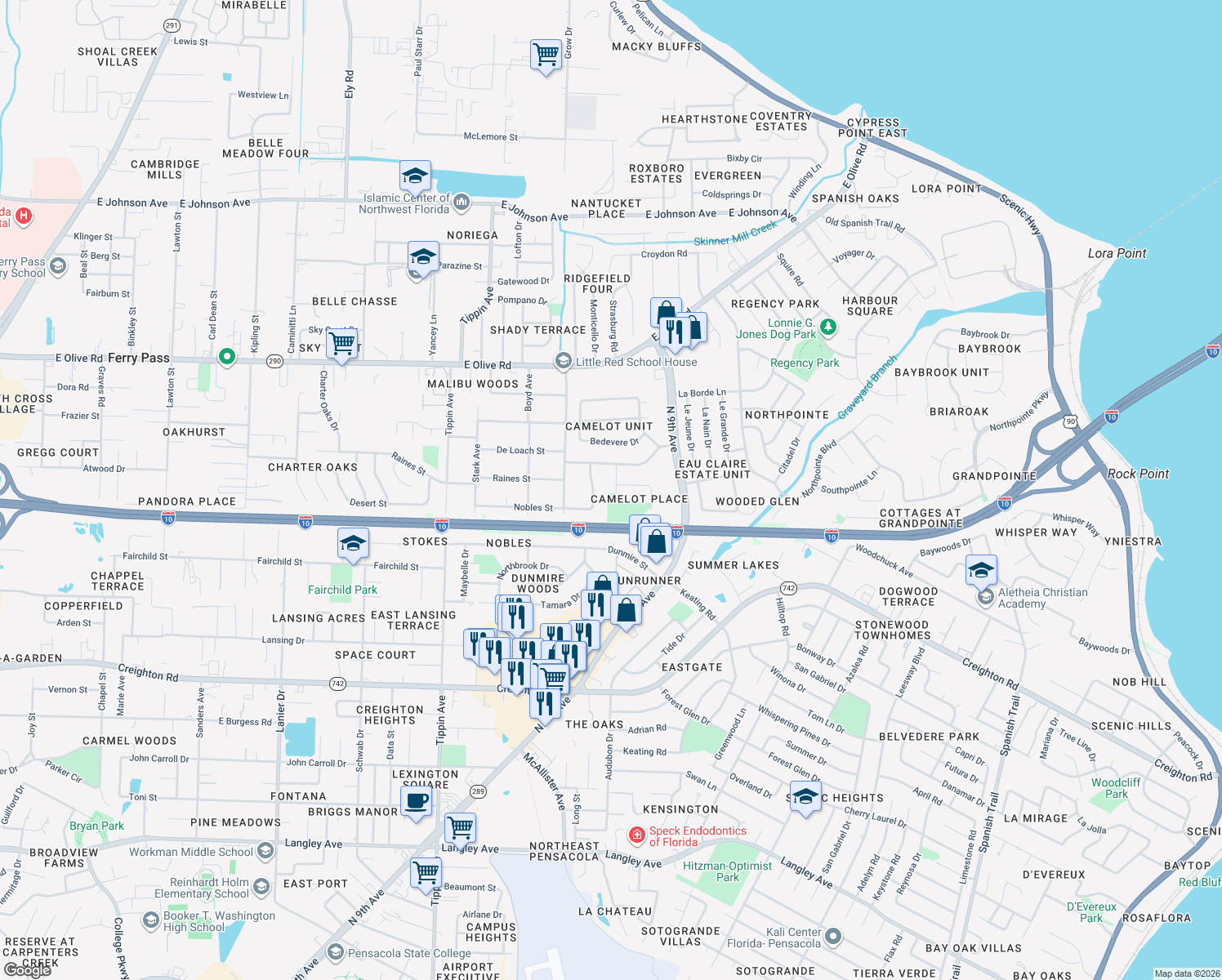 map of restaurants, bars, coffee shops, grocery stores, and more near 7715 Gallahad Road in Pensacola